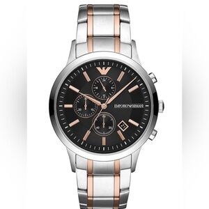 Emporio Armani Black Dial Two-Tone Rose Gold & Silver Chronograph Mens Watch